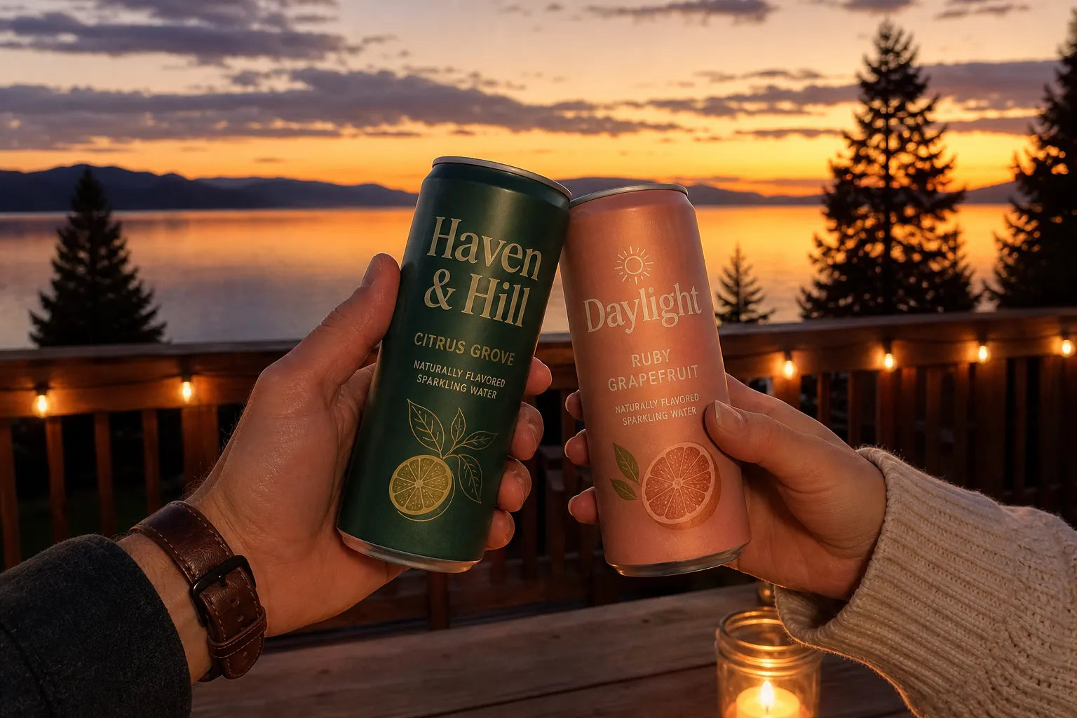 Friends toasting with labeled seltzers at dusk