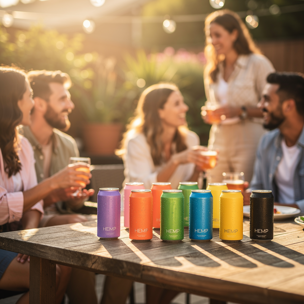 Friends enjoying hemp THC beverages at a summer gathering